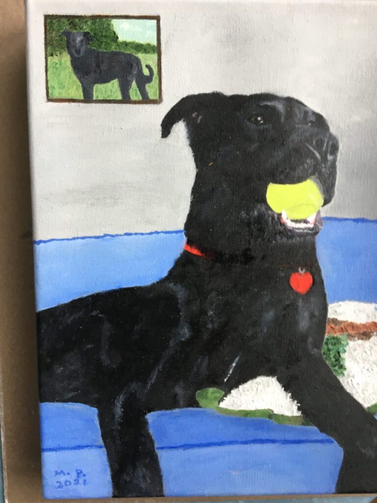 Painting of a black lab holding a ball
